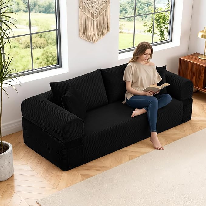 GJQ 83" Boneless Couches for Living Room,Corduroy 3 Seater Couch in a Box with 4 Pillows & Storage Pocket,Convertible Sleeper Sofa Bed Compressed Floor Sofa,Black