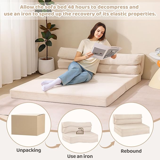 Folding Sofa Bed, Convertible Sleeper Chair with Pilow Foldable Matress, 2 in 1 Pull Out Loveseat Sofa Portable Fold Out Chair Bed Floor Couch Lounge for Living Room Bedroom (Beige, Queen)