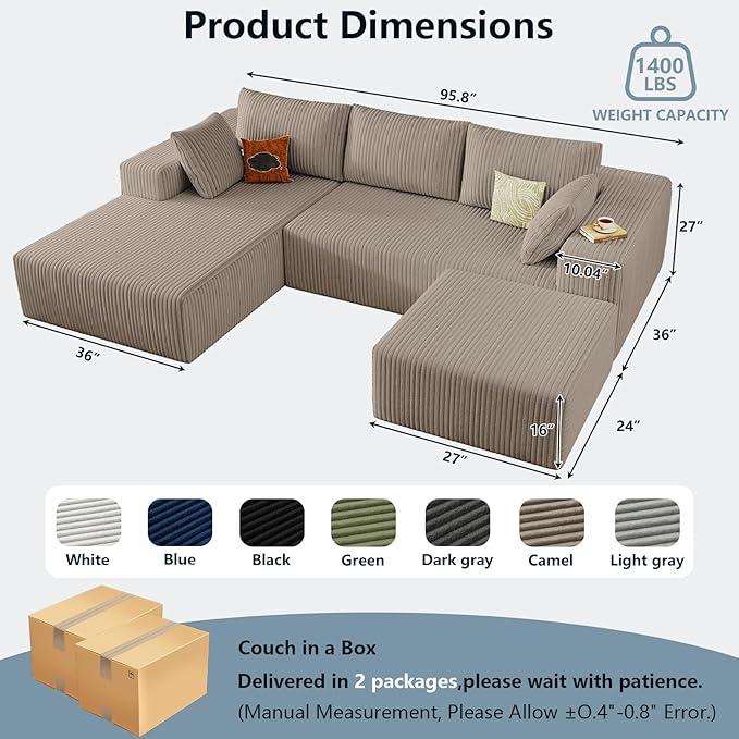 96" W Cloud Sectional Couch with Ottoman,Modern U-Shaped Cloud Couch with Deep Seat,Comfy Corduroy 3-Seater Sofa,Memory Foam Sofa for Living Room,No Assembly (Camel,Left-Facing Chaise)