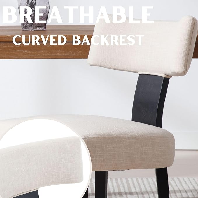 RIVOVA Linen Dining Chairs Set of 2 Modern Dining Chair with Black Wood Legs, Upholstered Dining Chairs for Dining Room, Kitchen, Vanity, Living Room, Beige