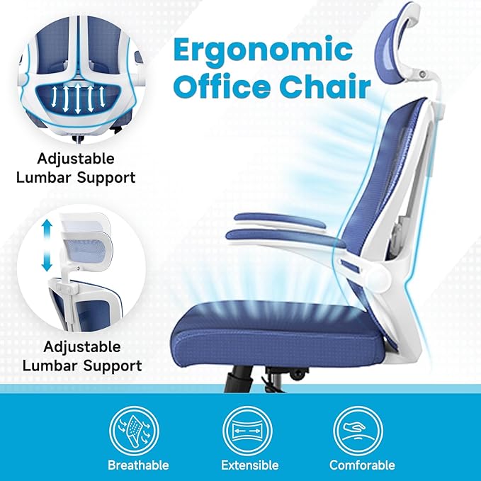 Ergonomic Office Chair - 400LB Comfy Desk Chairs with Adjustable Headrest and Lumbar Back Support, Mesh Computer Chairs with Wheels and Arms for Home Office, Study (Blue-with Headrest)
