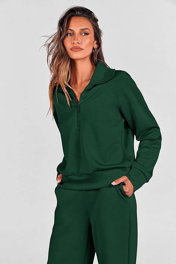 PRETTYGARDEN Women's 2 Piece Outfits Casual Lapel Half Zip Sweatshirts and Wide Leg Pants Tracksuit Sets