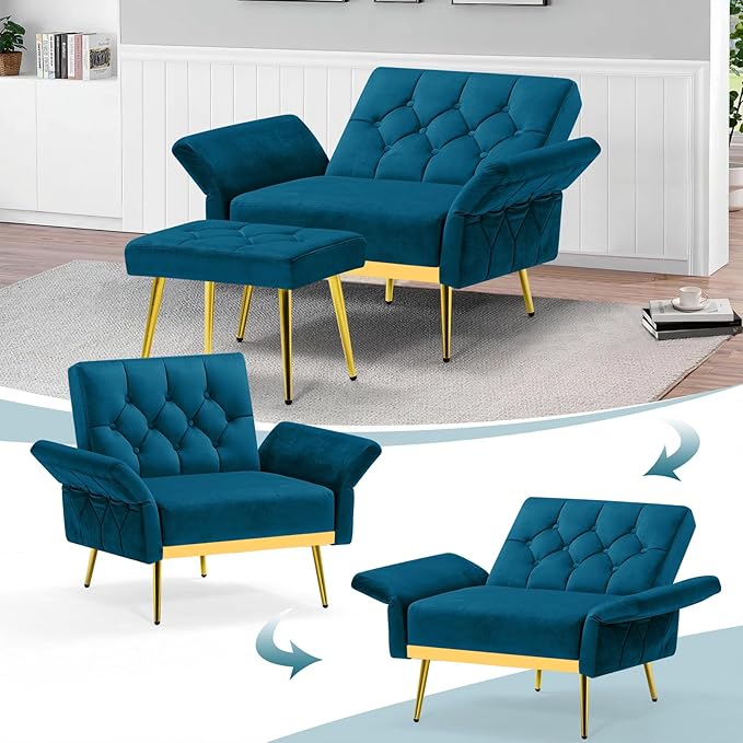 ACMEASE Velvet Accent Chair w/Adjustable Armrests and Backrests, Tufted Single Sofa with Ottoman, Upholstered Reading Chiar for Living Room, Apartment, Bedroom, Teal