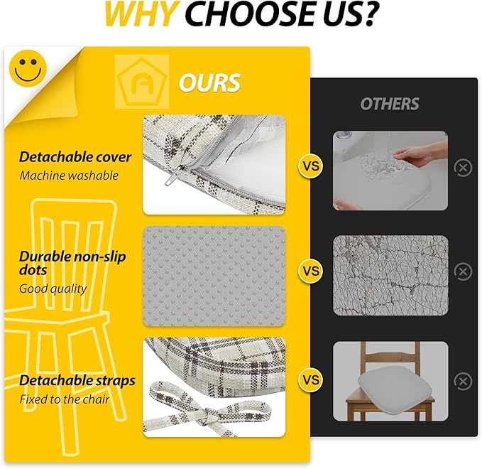 AAAAAcessories D-Shaped Chair Cushions, 2" Thick Dining Chair Pads with Ties and Removable, Machine-Washable Cover, 17" x 16", Set of 2, Yellow Checkered