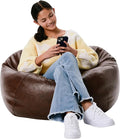 Factory Direct Partners 35" Rustic Western Bean Bag Chair; Distressed Faux Leather, Low to Ground for Reading, Playing Video Games and Relaxing; Flex Seating for Home and School - Walnut, 10478-323