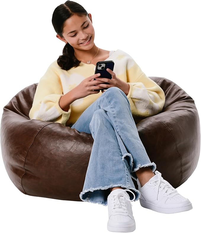 Factory Direct Partners 35" Rustic Western Bean Bag Chair; Distressed Faux Leather, Low to Ground for Reading, Playing Video Games and Relaxing; Flex Seating for Home and School - Walnut, 10478-323