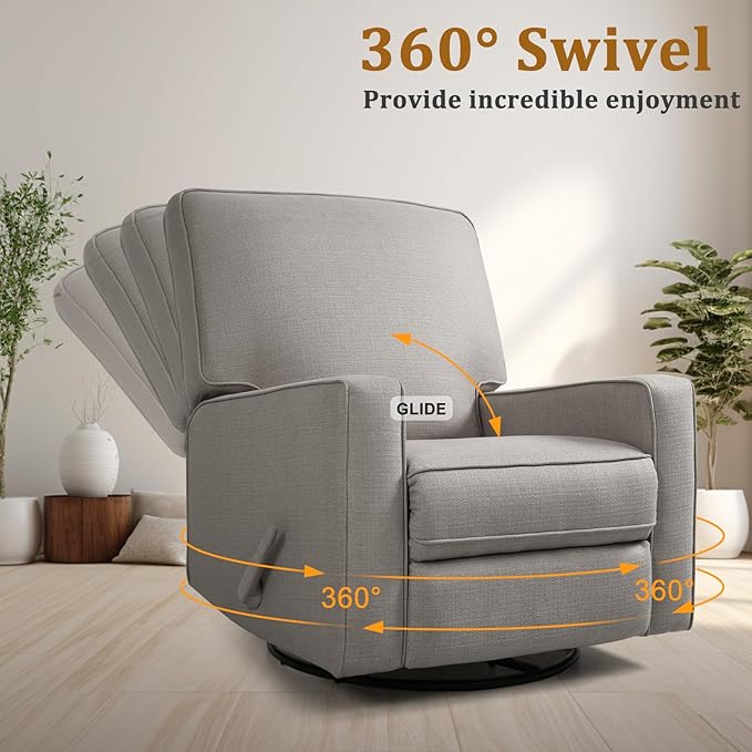 KeyEnergy Swivel Rocker Recliner Chair for Adults, High Back Fabric Recliner with Deep Seat, Manual Glider for Living Room & Nursery, Grey