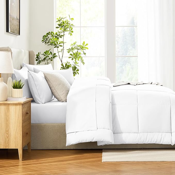 CozyLux Twin XL Comforter Set White, 5 Pieces Twin Extra Long Bed in a Bag for College Dorm, All Season Bedding Set with Stitch Quilted Comforter, Flat Sheet, Fitted Sheet, Pillowcases