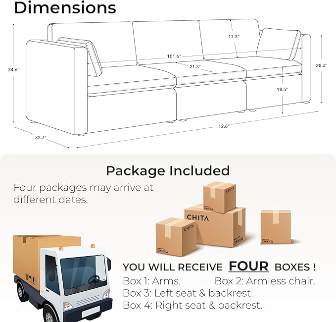 CHITA Oversized Modular Sectional Convertible Fabric Sofa Set, FSC CertifiedExtra Large Sectional Deep Seat Couch for Living Room,112 inch Width,3 Seat Modern Modular Sofa, Grey