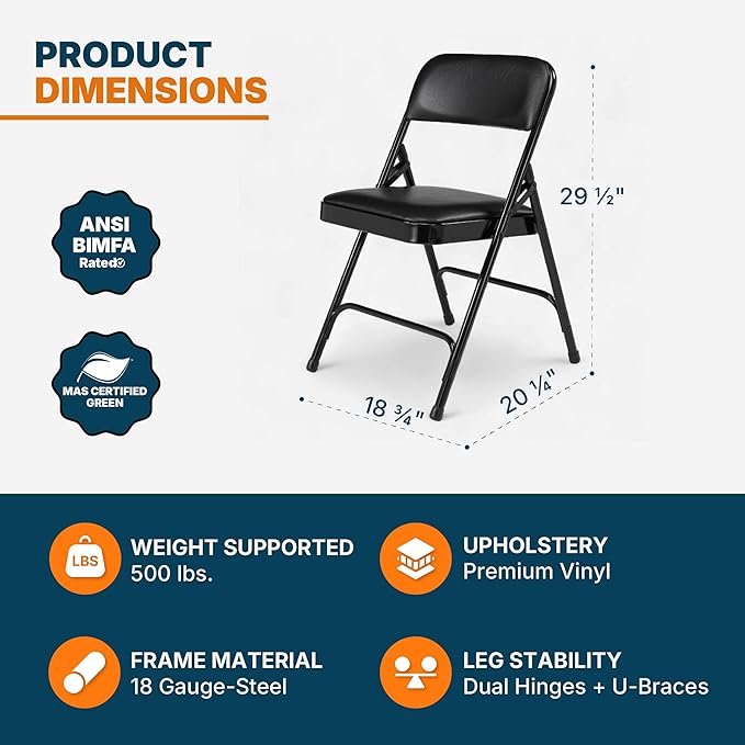 OEF Furnishings OEF1200 Series Premium Heavy Duty Vinyl Padded Folding Chairs, Commercial Grade 500 lb Capacity (4-Pack, Classic Black)