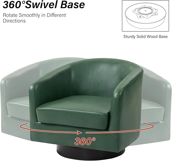 Swivel Barrel Chair, Modern Round PU Leather Accent Armchair for Living Room, Bedroom, Oversized Comfy Club Reading Chairs for Adults (Leather Green, Set of 2)