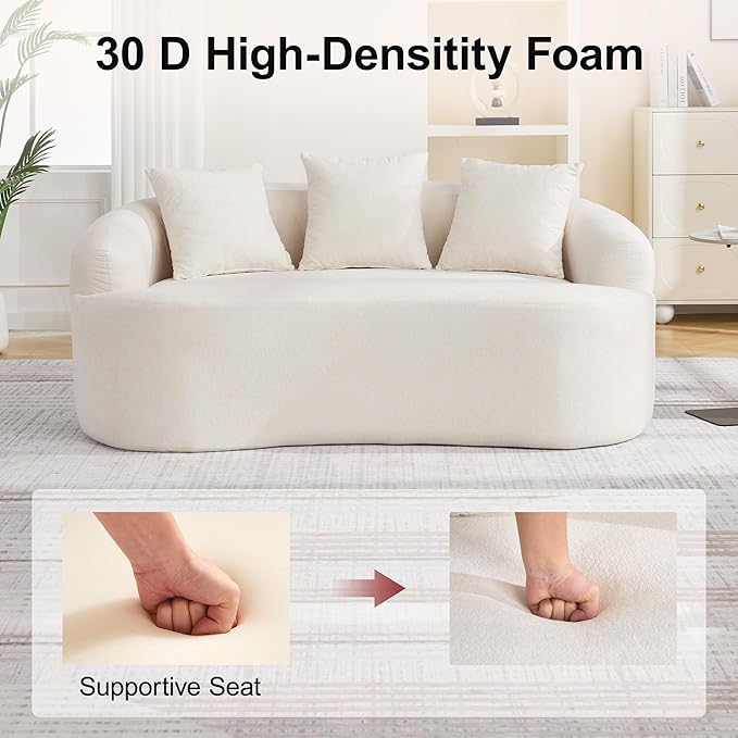 Abbrevi 65" Curved Loveseat Sofa, Deep Seat Love Seat Couches with 3 Throw Pillows, Modern 2 Seater Boneless Curved Couch, Compressed Floor Sofa for Living Room Small Spaces, No Assembly, Beige
