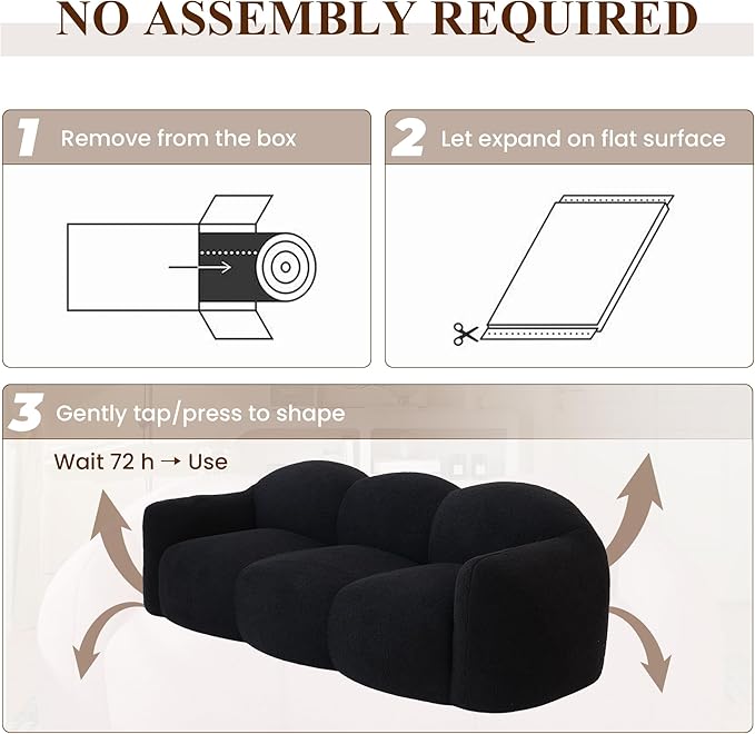 WJShome 90" Modern Curved Cloud Shaped Couches for Living Room, Bean Bag Chair Lazy Floor Couch, Cozy Leisure Boneless 3 Seater Sofa for Bedroom, Apartment-No Assembly Required (Black)