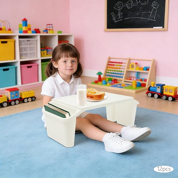 12-Pack Kids Lap Desks, Plastic Lap Tray with Rounded Edges, Stackable Kindergarten Children's Tray with Side Pockets, Portable Bed Table for Reading Dining, Preschool Daycare Home, No Assembly, White