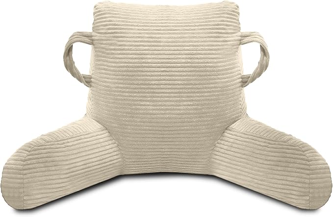 ABROLOY Reading Pillow for Sitting in Bed Adult, Bed Reading Pillow with Shredded Memory Foam, Back Pillow for Sitting with Arms and Pockets, Beige