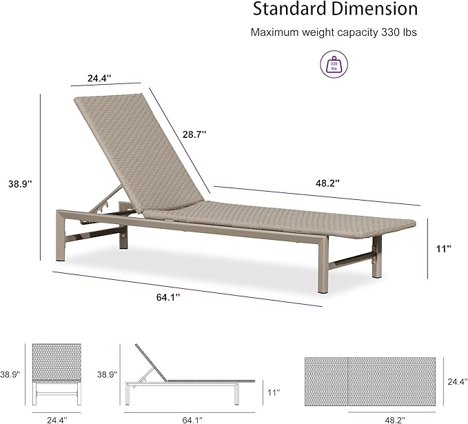 PURPLE LEAF Patio Chaise Lounge Chairs Outdoor 1 Piece, Wicker Pool Lounge Chairs for Outside with Adjustable Backrest, Aluminum Sunbathing Lounger for Patio, Poolside, Garden, Light Taupe