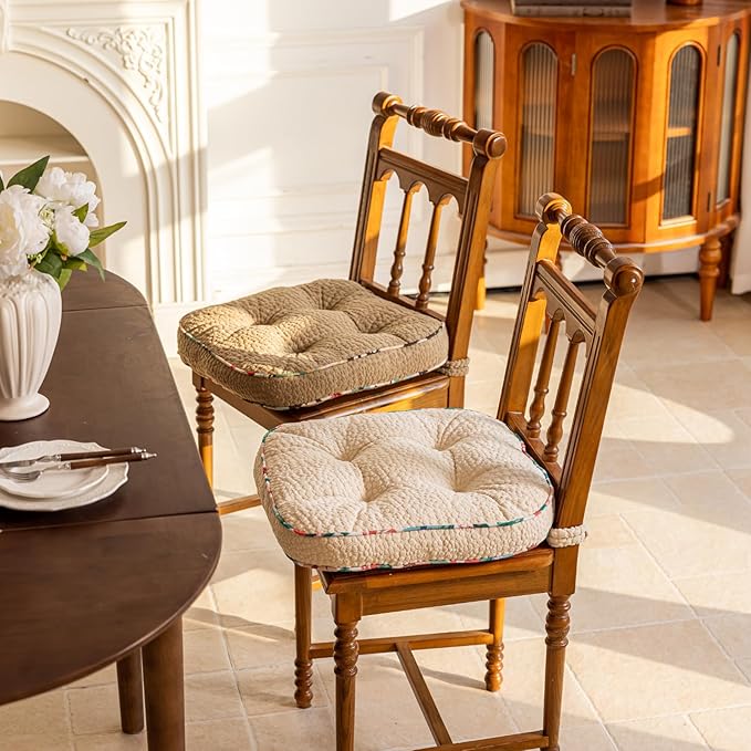 Soft Comfort Chair Pads with 3D Dots Pattern Jacquard Warm Square Chair Cushion with Ties Thicken Non-Slip Floor Pillow Fluffy Seat Cushion for Office Dining Kitchen (Coffee,15"x15")