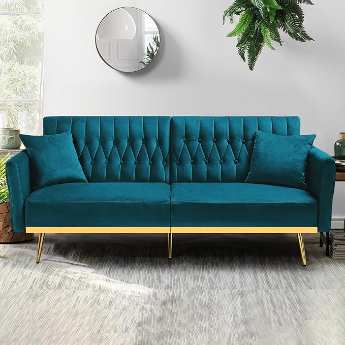 ACMEASE 70” Velvet Futon Sofa Bed w/Adjustable Armrests and Backrest, Convertible Futon Couch w/2 Pillows, Modern Sleeper Bed for Living Room, Bedroom, Teal