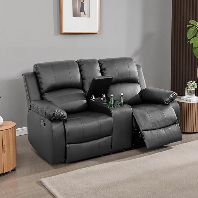 Caberryne Leather Recliner Sofa，Reclining Sofa Set for Living Room Furniture Sets，Black Double Recliner Loveseat for Living Room/Office/Theater Seating/Rv(2 Seater Couch)