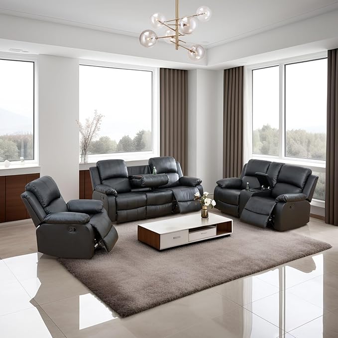 Manual Reclining Sofa Set with Drop-Down Table, Corduroy Sofa Sets, Living Room Furniture Sets, Modern Manual Recliner Sofa Sets with Storage Console for Living Room (Black, Sofa+Loveseat+Chair)