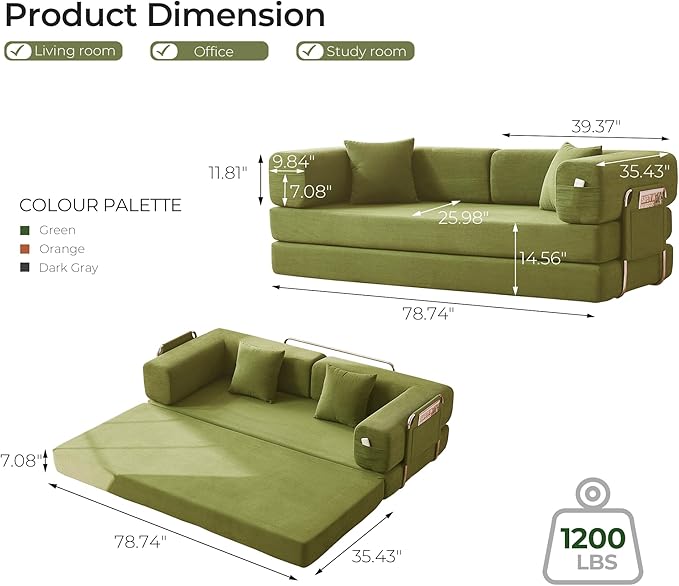 79" Convertible Sofa Bed with Pillows, Corduroy Folding Sleeper Sofa with Fixed-Shape Frame, Boneless Couch for Living Room Bedroom, Floor Sofa Lounge No Assembly Required (A - Style - Olive Green)
