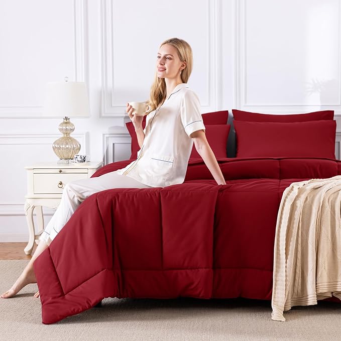 CozyLux Queen Comforter Set Dark Red, 7 Pieces Bed in a Bag, Red Comforter Queen Size, All Season Bedding Sets with Stitch Quilted Comforter, Flat Sheet, Fitted Sheet, Pillowcases
