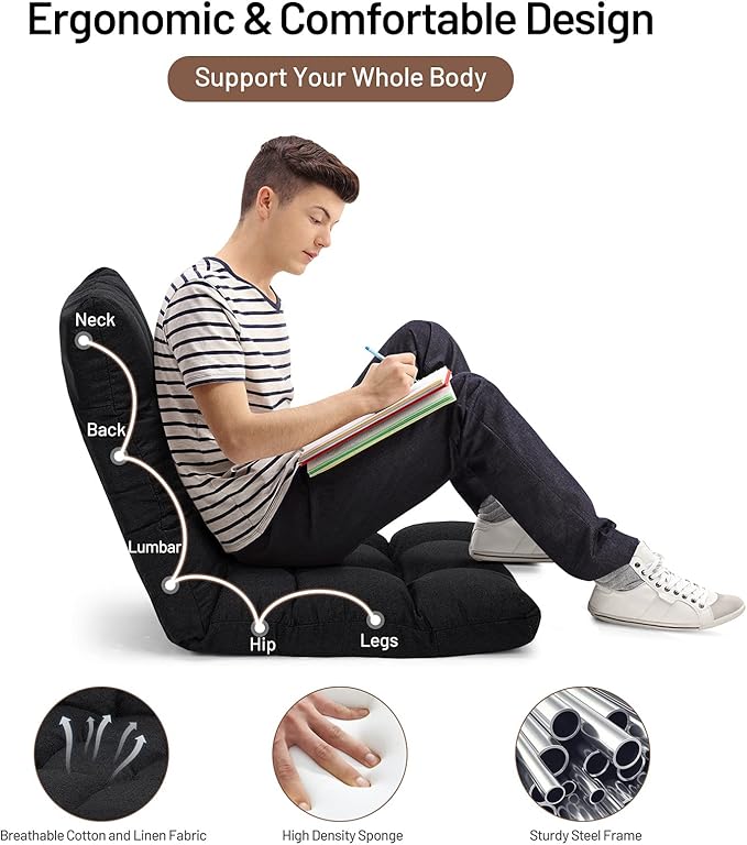 Giantex Floor Sofa Chair Video Gaming Chair with 14 Adjustable Position, Padded Back Support Floor Cushioned Seat, Folding Lazy Chair for Meditation, Reading, Watching, Living Room Recliner(Black)