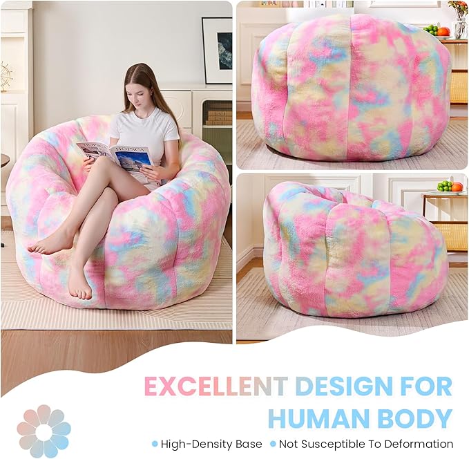Giant Bean Bag Chair, Faux Fur Adults Beanbag with Petal Armrest Oversize Colorful Chair for Teens Bedroom, Living Room, Dorm, Game - Rainbow, X-Large, High Support