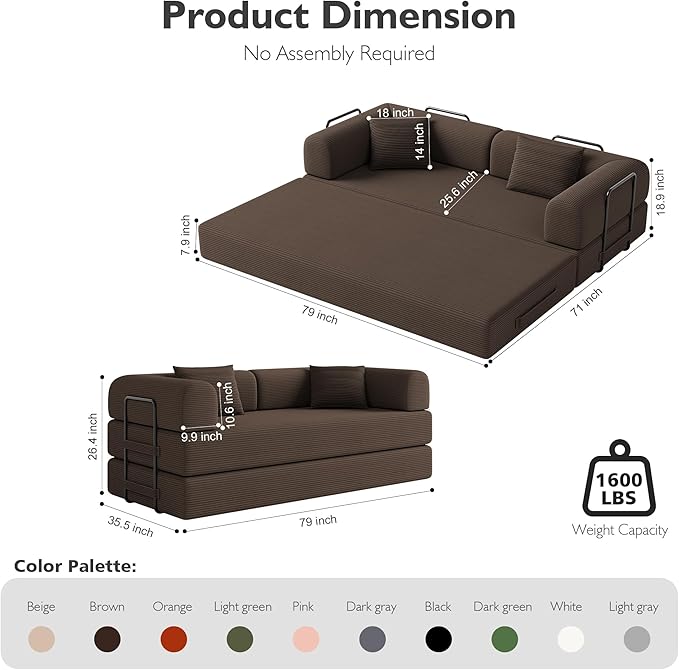 79 Inch 5-in-1 Convertible Sofa Bed, Corduroy Boneless Floor Couch with Fixed Frame & Pillow, Modular Folding Mattress Lounger for Small Space, Living Room, Bedroom - Easy Assembly(Brown)