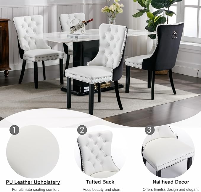 YeahFurn Modern Dining Chairs Set of 2, Tufted Upholstered Dining Room Chairs with Nailhead, PU Leather Front & Velvet Back, Solid Wood Legs, Kitchen Chairs, Sillas de Comedor (White & Black)