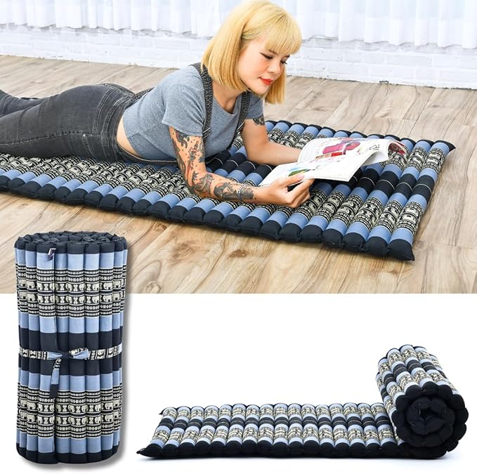 Leewadee - Foldable Floor Mattress - Japanese Roll Up Futon -Trifold Tatami Mat- Guest Floor Bed - Camping Mattress - Thai Massage Mat, Kapok Filled, 75 x 28 inches, Blue