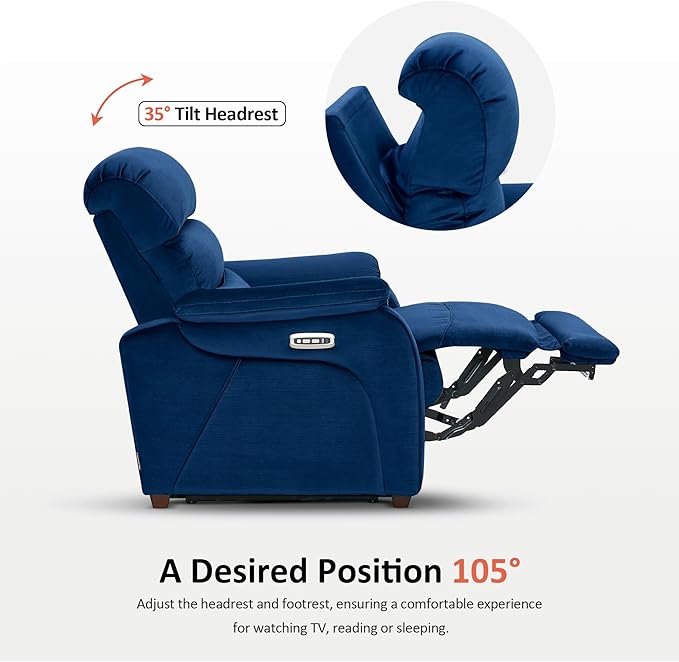 MCombo Power Zero Wall Hugger Recliner Chair for Small Space RV Living Room, Power Recliner with Adjustable Headrest, USB & USB-C Charging Ports, Fabric ST257 (Navy Blue)