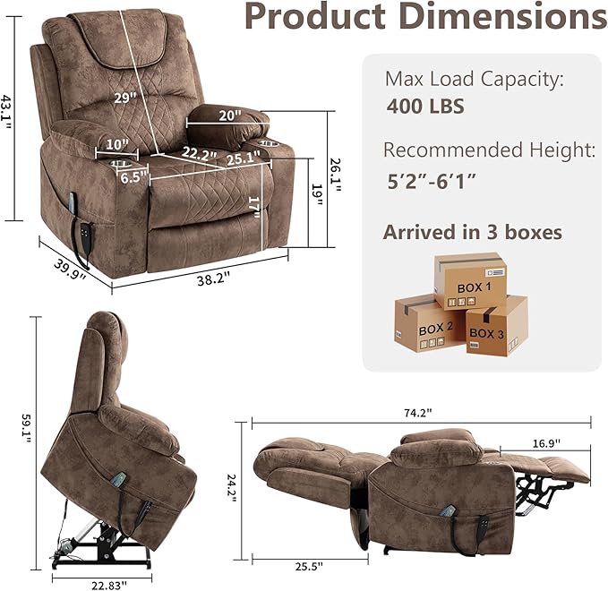 Oversized Power Lift Recliner Chair for Big and Tall, 25" Large Electirc Recliner Chair with Massage and Heating, Dual Motor Zero Gravity Recliner Sofa, Velvet, Brown