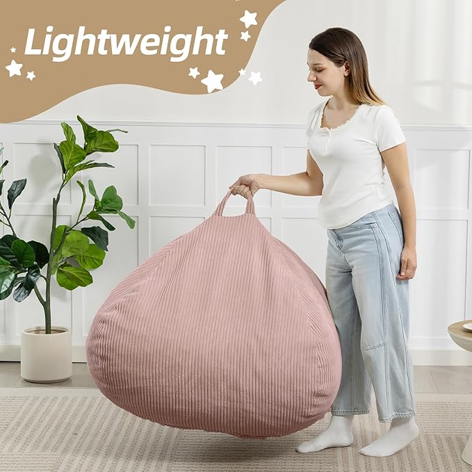 Bean Bag Chair with Corduroy Cover and Memory Foam Filled for Adults and Teens, Comfy Fluffy Floor Chair for Living Room Bedroom (Pink, 3FT)