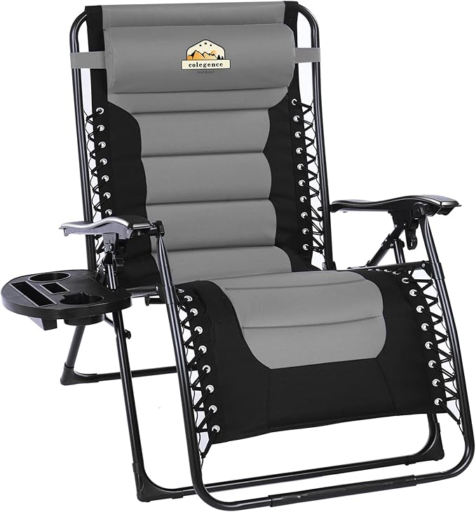 Colegence Oversized Padded Zero Gravity Lounge Chair, Foldable Patio Anti Gravity Reclining Chairs Folding Lawn Recliner with Cup Holder for Yard, Camping, Outdoor, Support 350 LBS, Black