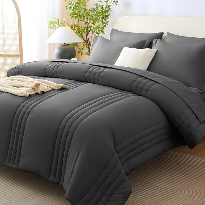 CozyLux Oversized King Comforter Set - 7 Pieces Bed in a Bag Dark Grey Comforter Set with Sheets All Seasons Bed Set, Soft Bedding Set with Down Alternative Comforter, Sheets, Pillowcases & Shams