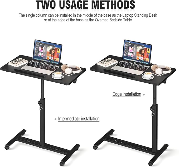 Adjustable Overbed Bedside Table, Hospital Bed Table with Wheels, Portable Rolling Desk, Mobile Small Standing Desk, Rolling Laptop Stand, Computer Cart
