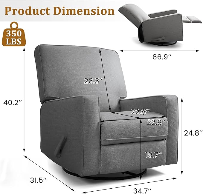 KeyEnergy Swivel Rocker Recliner Chair for Adults, High Back Fabric Recliner with Deep Seat, Manual Glider for Living Room & Nursery, Charcoal