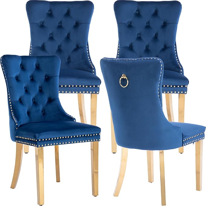 YeahFurn Mid Century Modern Dining Chairs Set of 4, Blue Velvet Upholstered Tufted Back, Kitchen & Dining Room Chairs, Gold Metal Legs, Nailhead Trim, Sillas para Comedor (Blue, 4 Pcs)