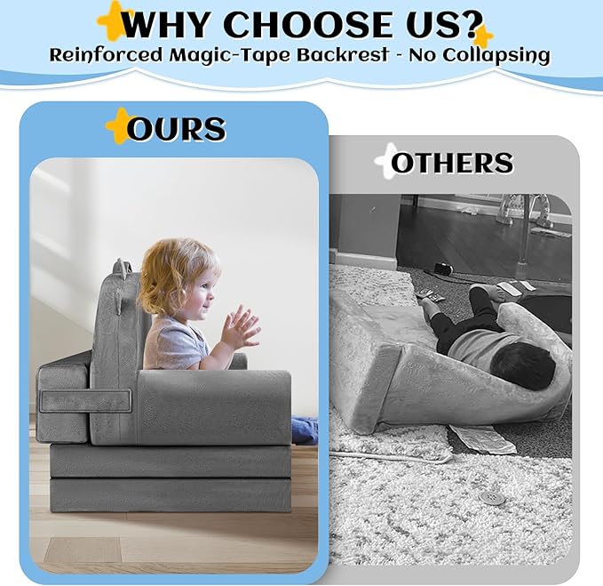 ORWIPO Kids Sofa Bed with Removable Washable Cover & Magic-Tape Backrest – Foldable Toddler Chair, Cozy Crystal Velvet Furniture for Playtime, Naps & Travel (Dark Gray, Bear Design)