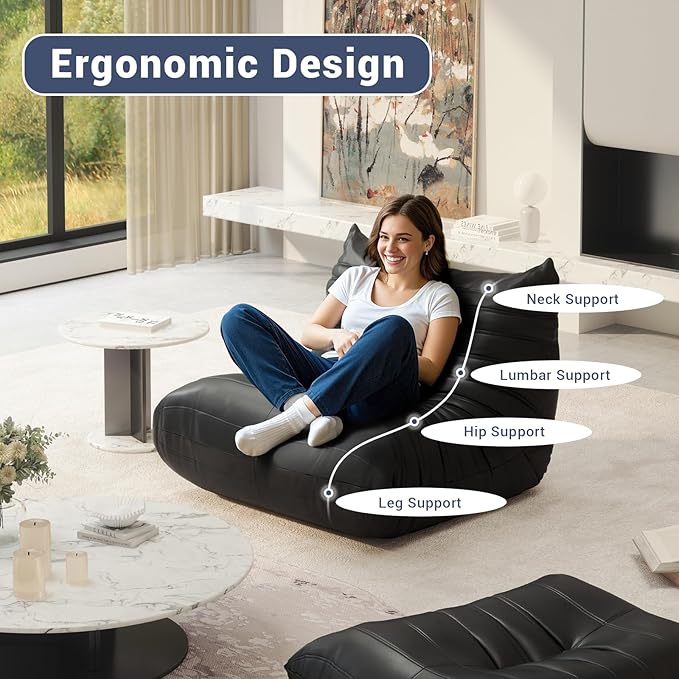 Fireside Chair Lazy Floor Sofa Set, Cozy Memory Foam Bean Bag Chairs, Faux Leather Giant Bean Bag Chair Couch, Armless Foam Couch Lounger Tatami Recliner for Living Room Bedroom Dorm Office