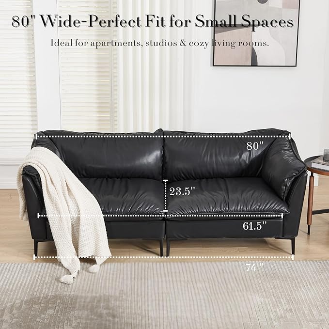 CIMOTA 80'' Faux Leather Loveseat Sofa for Living Room, Modern 2 Seater Small Cloud Couch for Bedroom/Small Space/Apartment, Comfy Office Couches with Upholstered Cushions, Minimalist Style, PU Black