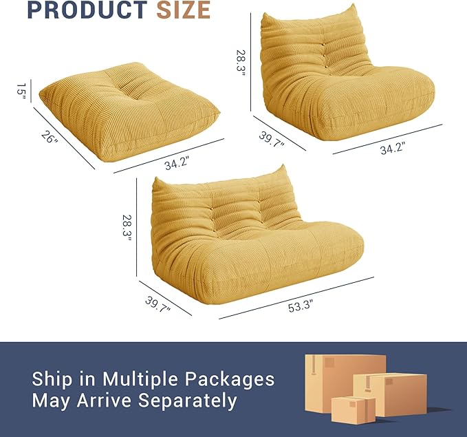 Fireside Chair Corner Bean Bag Chair for Adults, Modern Corduroy Fabric Caterpillar Sofa Couch, Lazy Floor Sofa Armless Foam Couch Lounger Tatami Recliner for Living Room Bedroom Dorm Office