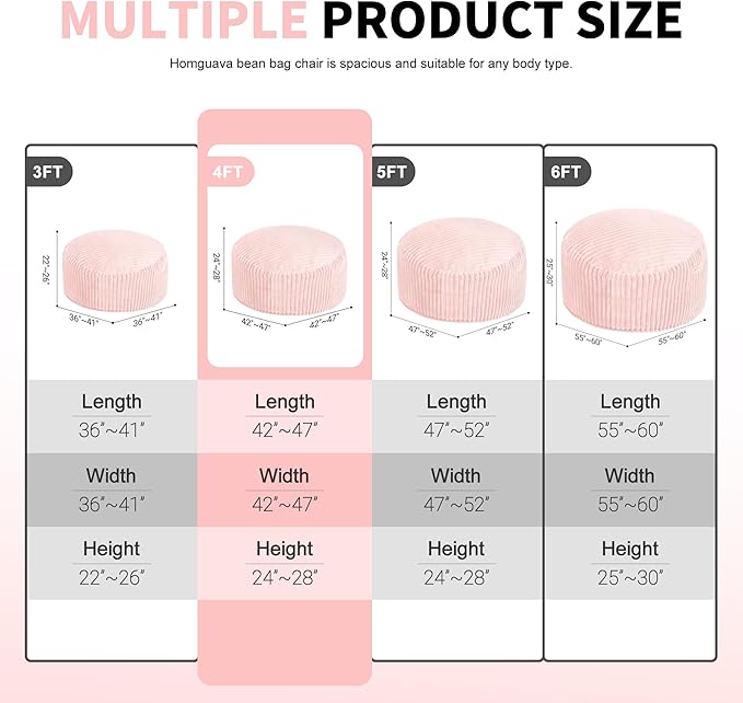 Homguava 4 FT Bean Bag Chair,4' Big Bean Bag,Large Bean Bag Chairs for Adults with Memory Foam Filled,Comfy Beanbag Chairs Soft Bean Bag Sofa with Dutch Corded Plush Cover-Soft Pink