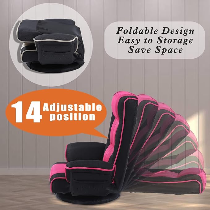FLOGUOR 360 Swivel Gaming Floor Chair with Armrest Multi-Angle Folding Floor Chair Padded Backrest Lazy Sofa Lounge Chair for Living Room, Home Office QL201W-US-BK