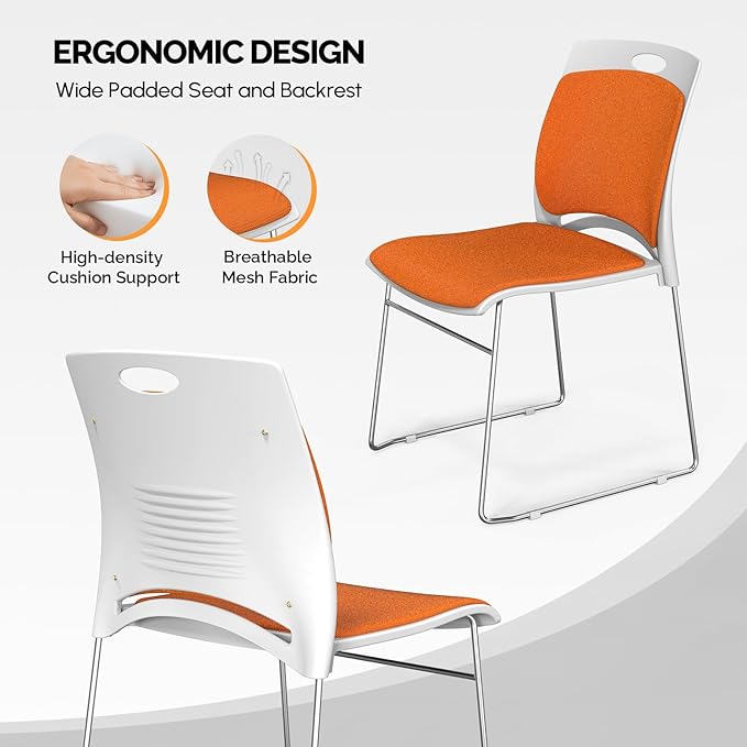 VINGLI Stackable Chairs Set of 20, Stacking Office Chairs with Metal Sled Base, Ergonomic Plastic Padded Seat & Back, Capacity 350lbs, Stacking Chairs for Waiting Room Break Room Banquet Guest, Orange