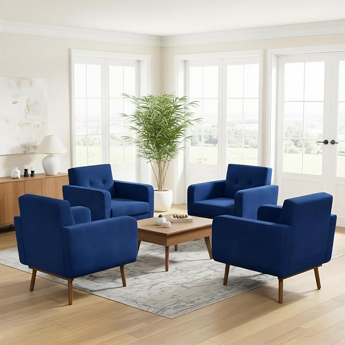 HUIMO Fabric Accent Chairs Set of 4, Button Tufted Living Room Chairs Easy to Install, Mid Century Modern Chair, Upholstered Arm Chair for Living Room Bedroom Study Office (4, Dark Blue)