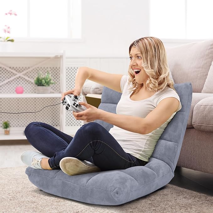 RELAX4LIFE Floor Chair with Back Support - 14-Position Adjustable Lazy Sofa Chair, Padded Sleeper Bed & Couch Recliner for Reading Meditation, Folding Floor Gaming Chair for Adults (Grey)