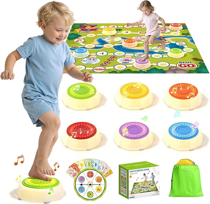 HYES Light Up Stepping Stones for Kids - 6 PCS Non-Slip Musical Stackable Step Stones with Game Map, Toddler Obstacle Course Sensory Toys, Indoor Outdoor 3-5 Years Old Boys Girls Birthday Gifts