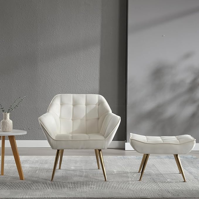 Accent Chair with Ottoman, Upholstered Velvet Armchair with Wood Legs Fluffy Armchair Side Chair Sofa Chair Reading Chair Living Room Chair with Footstool for Bedroom Apartment, Cream